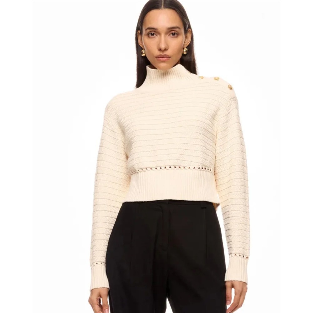 Toccin Ivory Textured Knit Mock Neck Sweater Gold Button‎ Crop Pullover Sz L